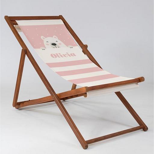 Personalised Bear Cub Pink - Baby Wooden Deck Chair.