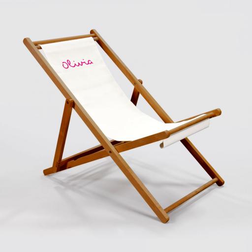 Personalised Personalised Wooden Deck Chair - Pink on White.