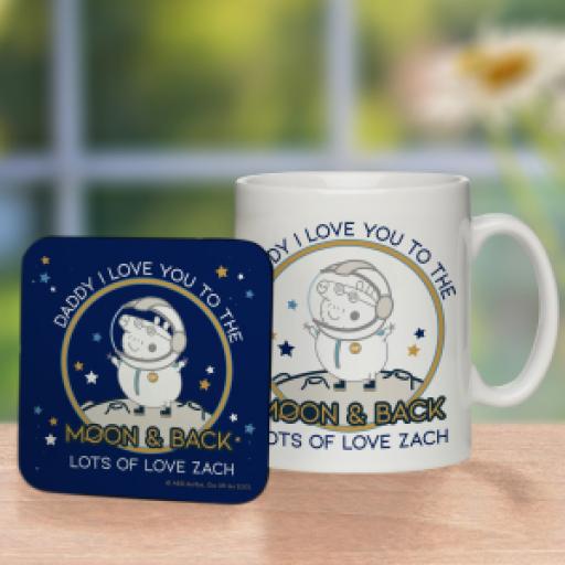 Personalised Peppa Pig Daddy Moon & Back Mug & Coaster.