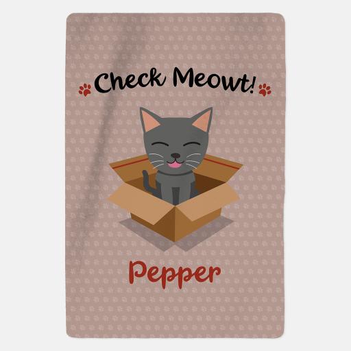 Luxury Personalised Grey Cat Fleece Blanket - Check Meowt - Pink