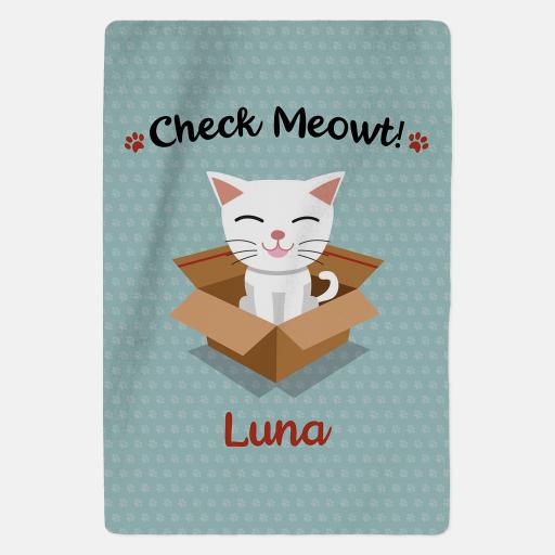 Luxury Personalised White Cat Fleece Blanket - Check Meowt - Blue