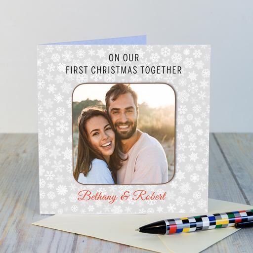 Personalised On Our First Christmas Together Greeting Card with a detachable personalised coaster.